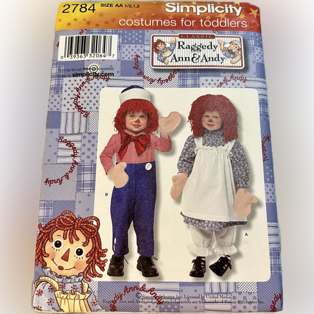 Simplicity 2784 Raggedy Anne & Andy Toddler Costume Uncut 2000 Size 1/2-1-2